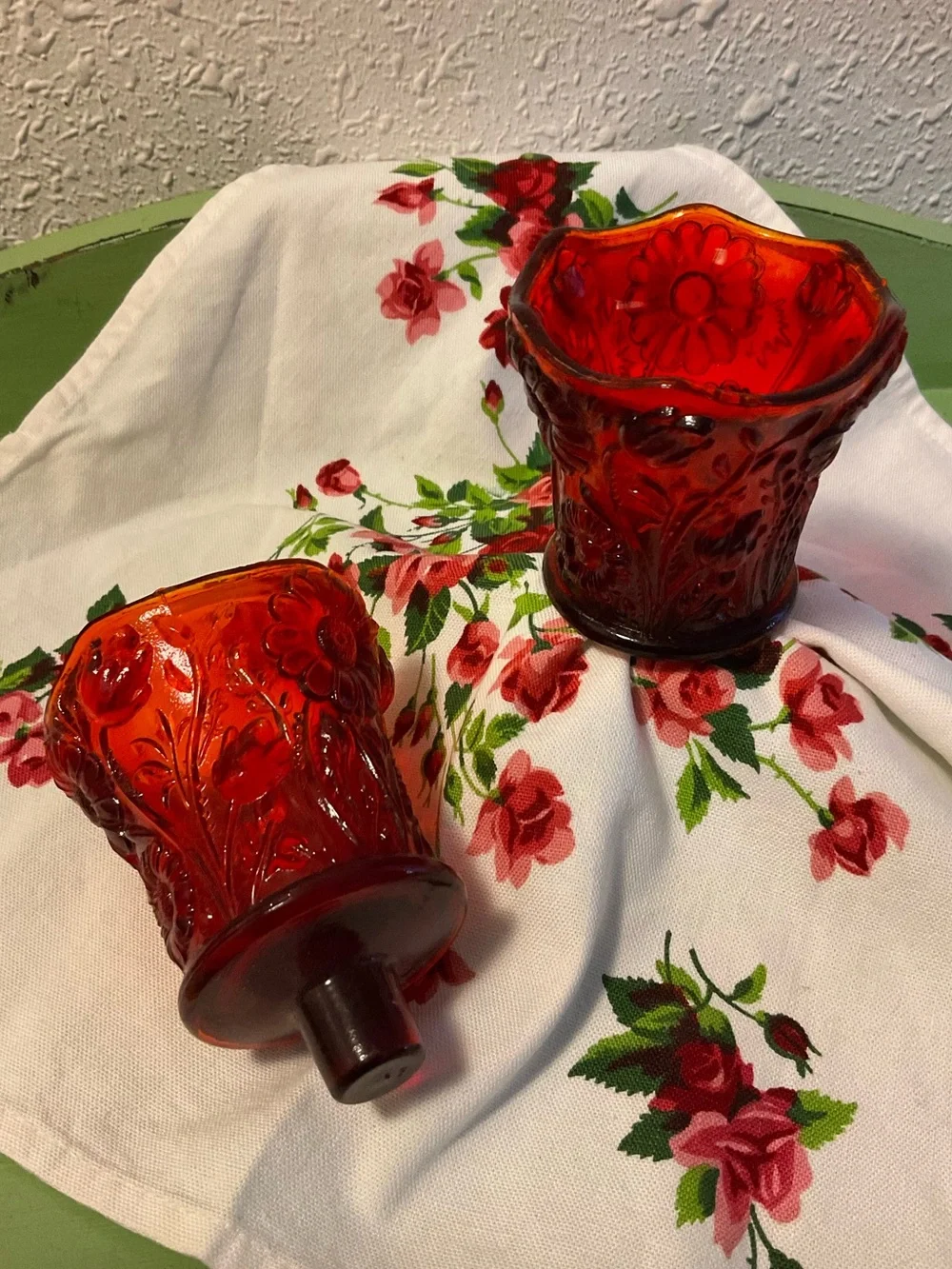 GLOWS Vintage  Red Amberina Peg Votive Holder Textured floral pattern